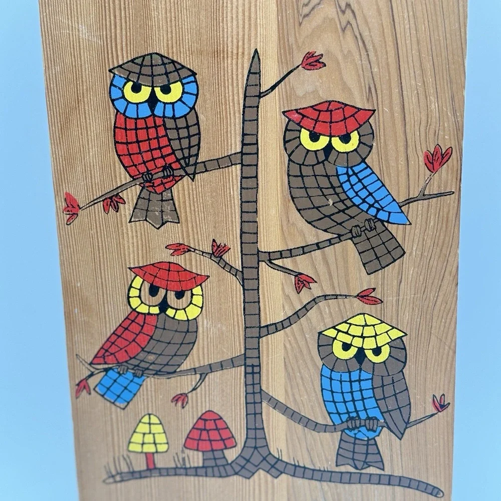 Vitg Owl Mushrooms Wood Cutting Board Folk Art Boho Nevco Kitchen 6